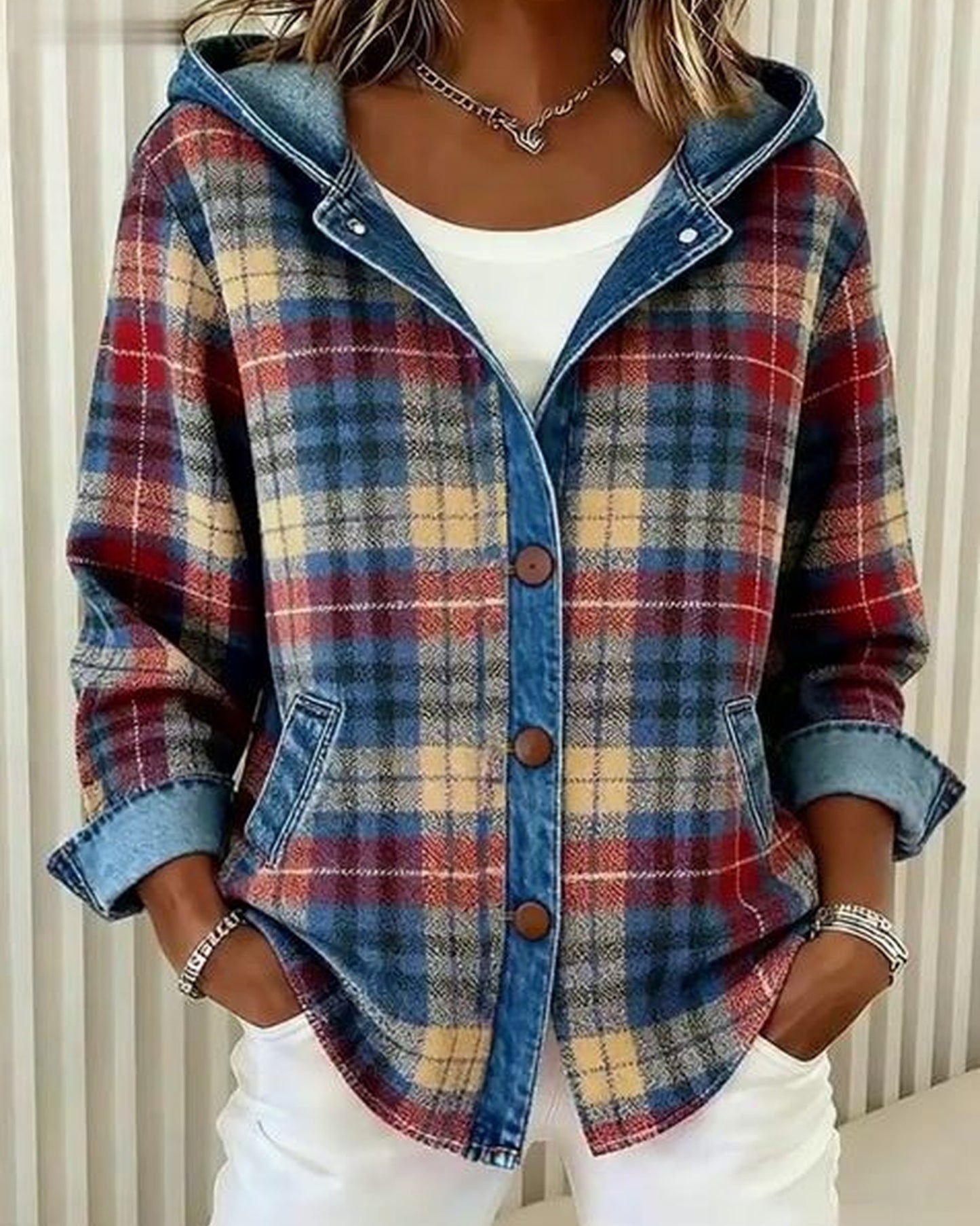 Eunice Damejakke | Denim Hætte | Ternet Print Knapper