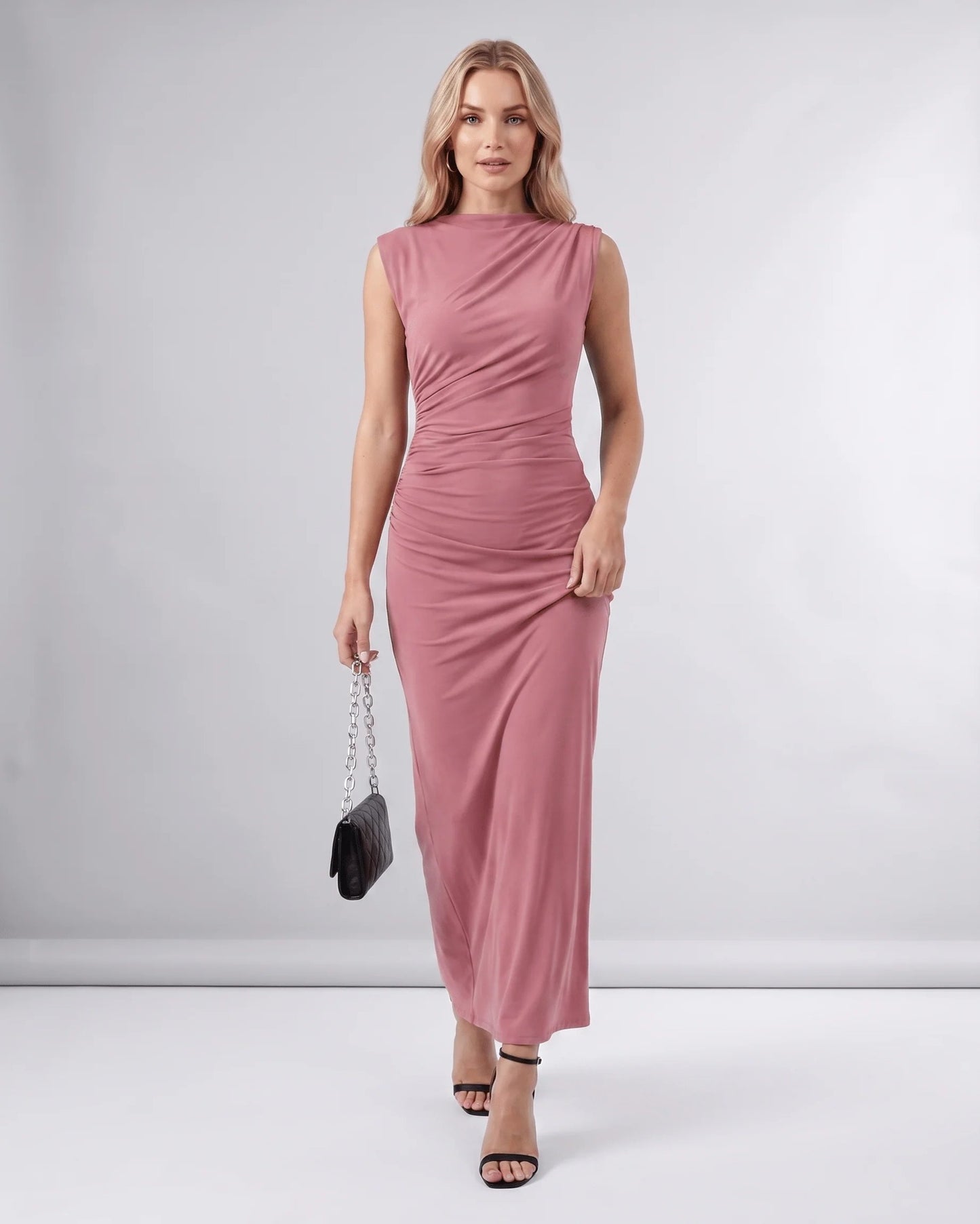 Martine Dames Midi Jurk | Gedrapeerde Taille | Ronde Halslijn