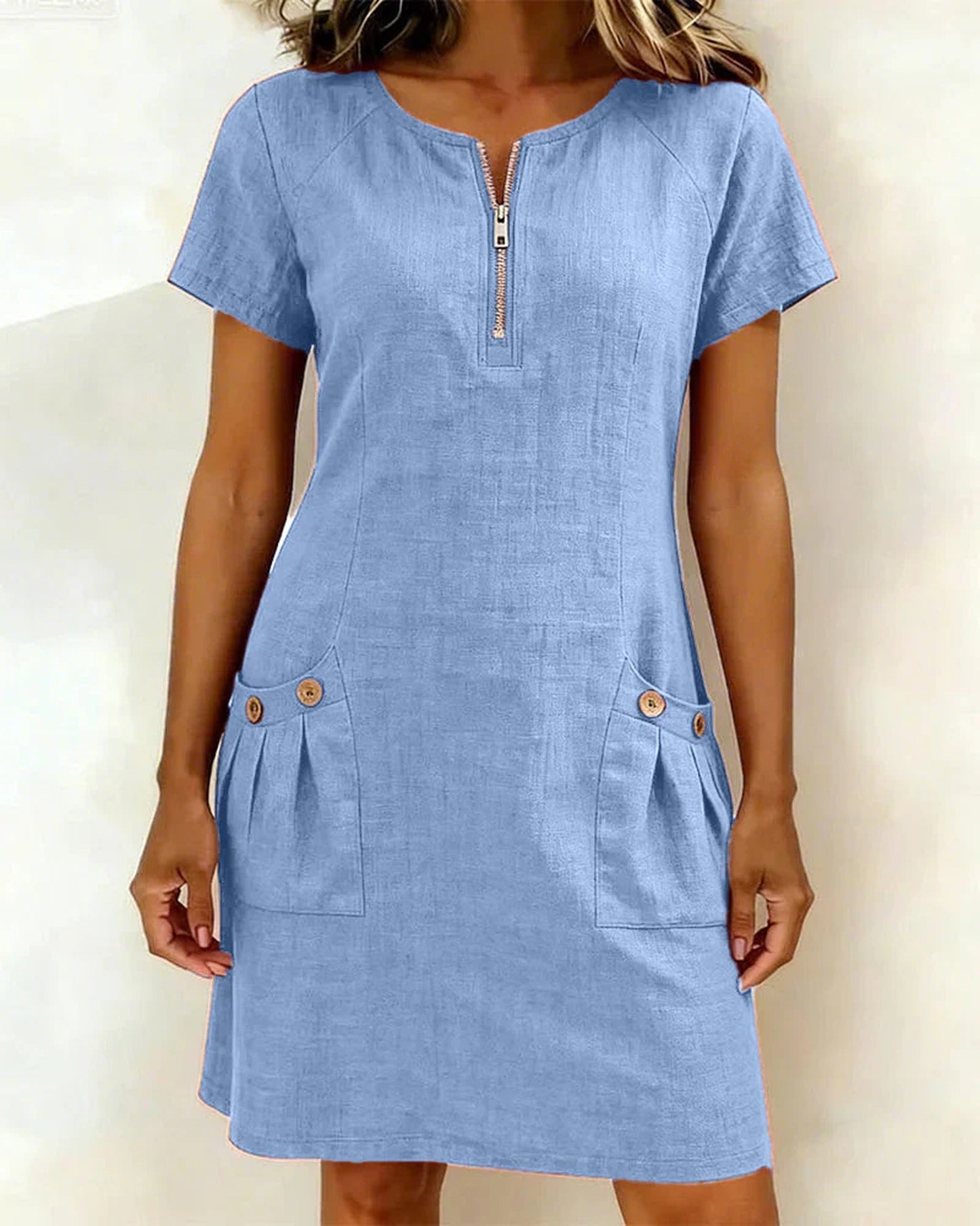 Candida Dames Midi Jurk | Voorzakken | Korte Mouwen