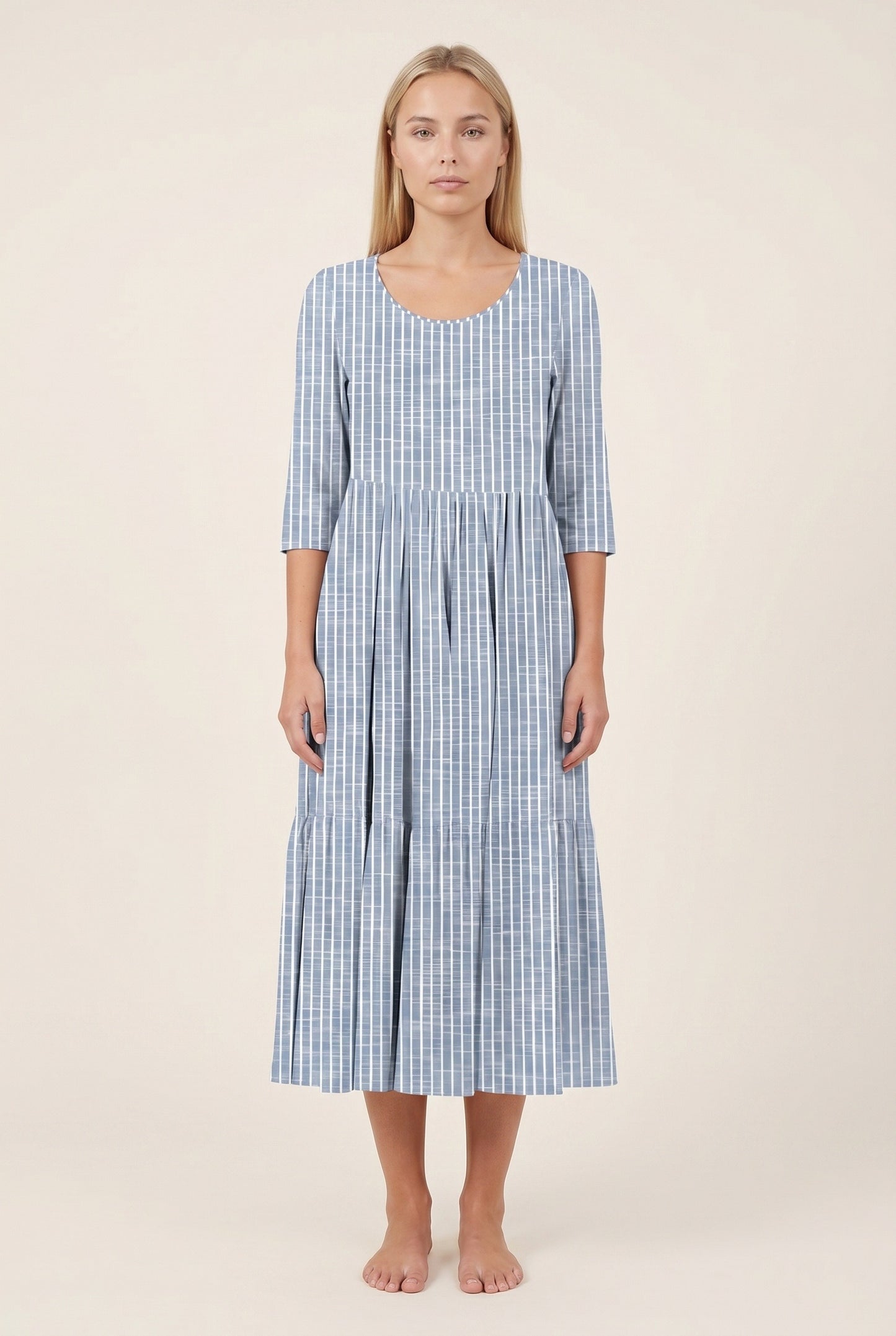 Dames Midi Jurk | Streepjesprint | Driekwart Mouwen