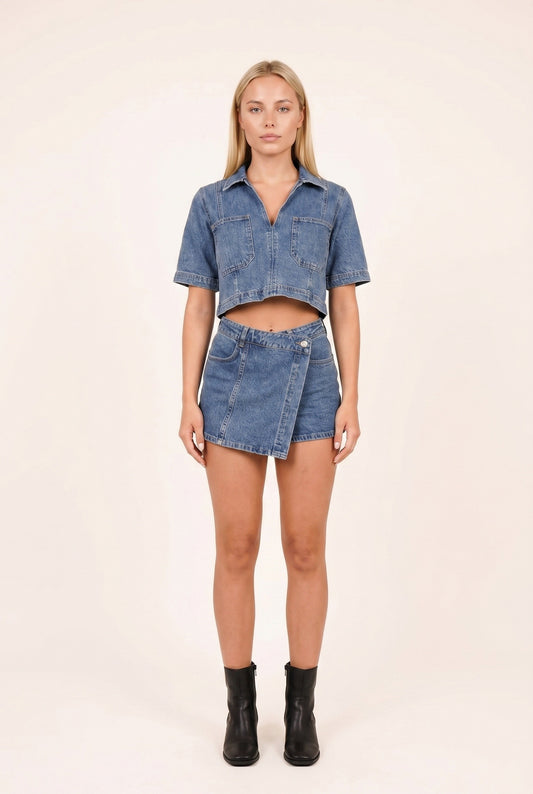 Women's Denim Co-ord Set | Cropped Blouse | Wrap Skort