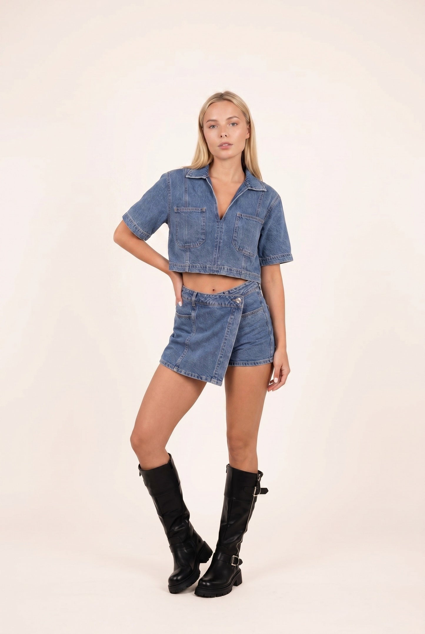 Dames Denim Co-ord Set | Cropped Blouse | Wrap Skort