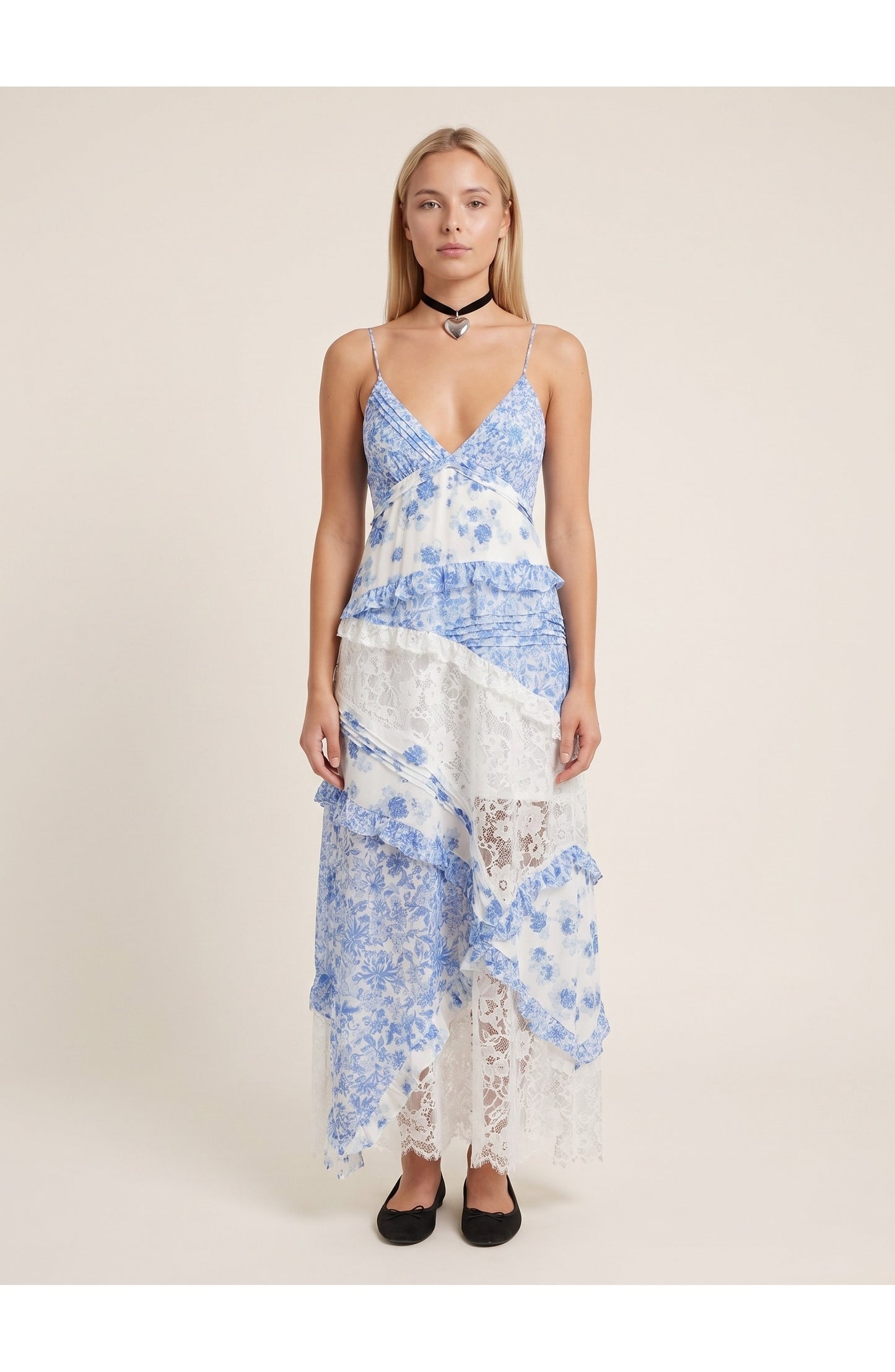 Joanna Dames Maxi Jurk | Blauwe Bloemenprint | Witte Kanten Details