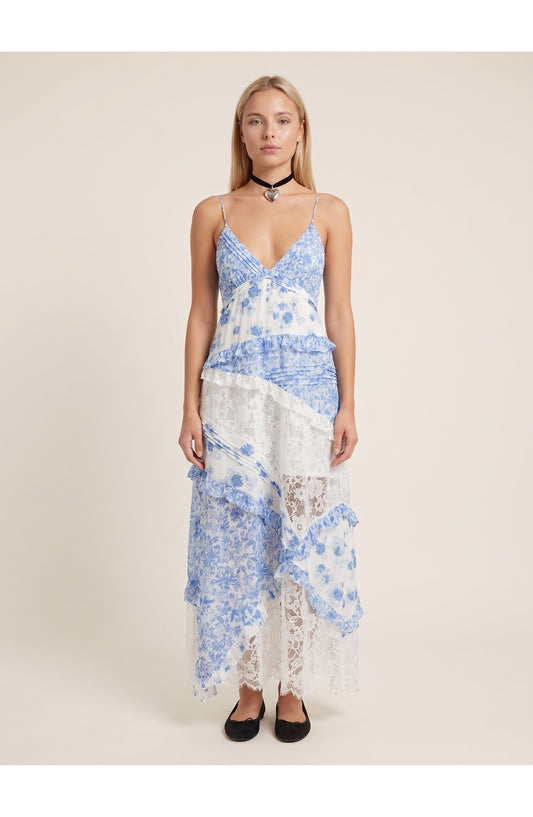 Joanna Women's Maxi Dress | Blue Floral Print | White Lace Details