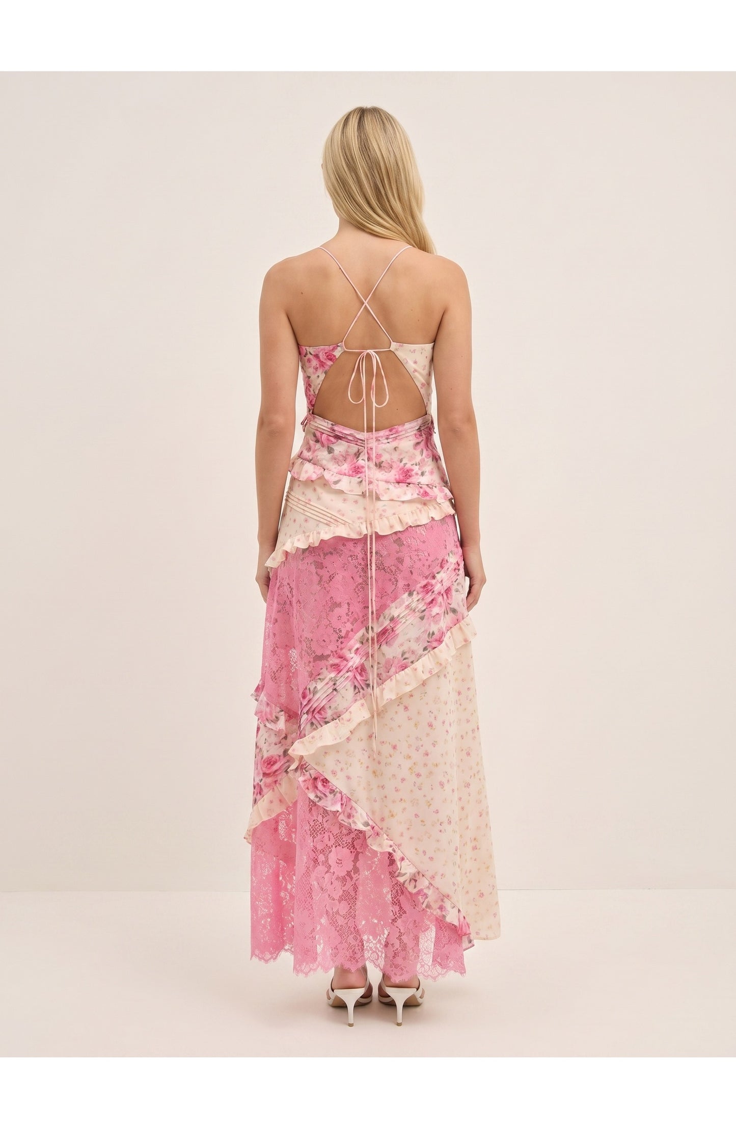 Joanna Dames Maxi Jurk | Blauwe Bloemenprint | Witte Kanten Details