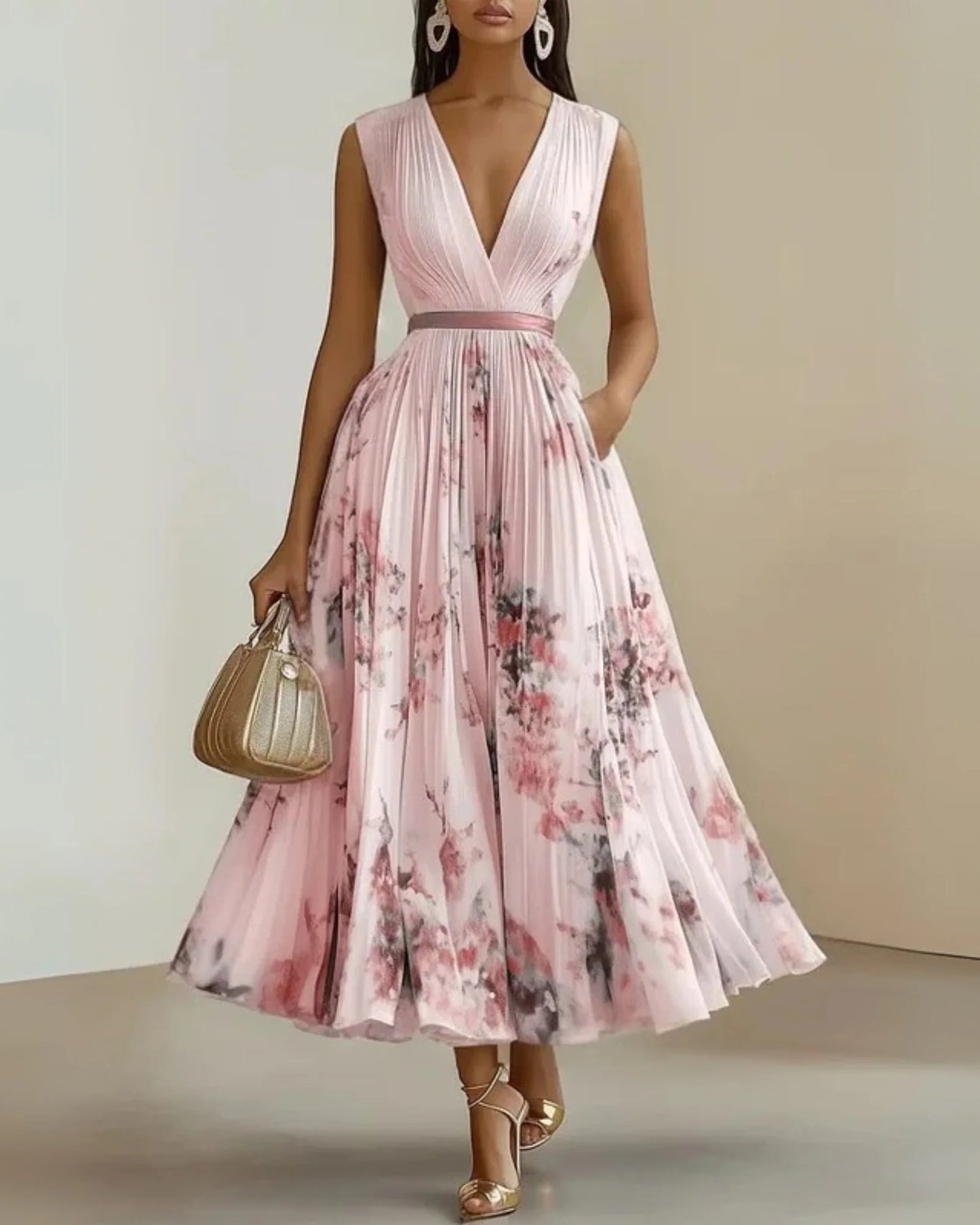 Gerberge Women's Maxi Dress | Deep V-Neck | Pleated Skirt