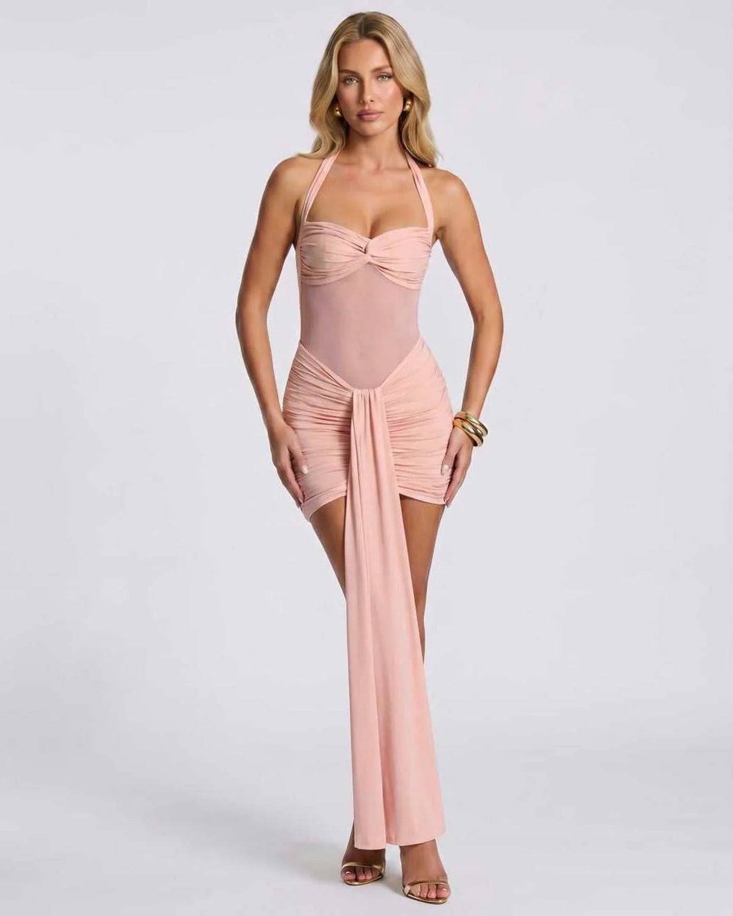 Lorette Dames Mini Jurk | Halternek | Gedrapeerde Mesh Sleep