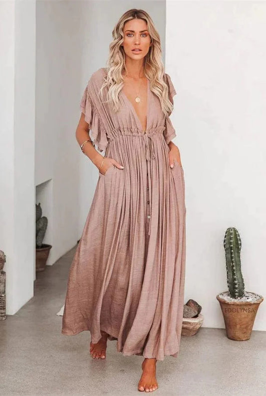 Lievine Dames Maxi Jurk | Diepe V-Hals | Gerimpelde Taille