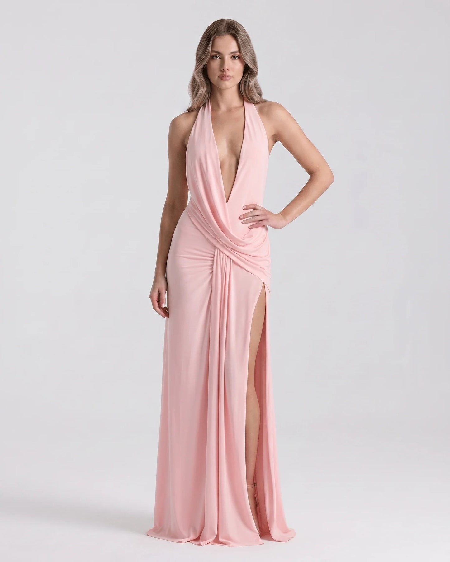 Women's Maxi Dress | Deep Halter V-Neck | High Slit & Draping