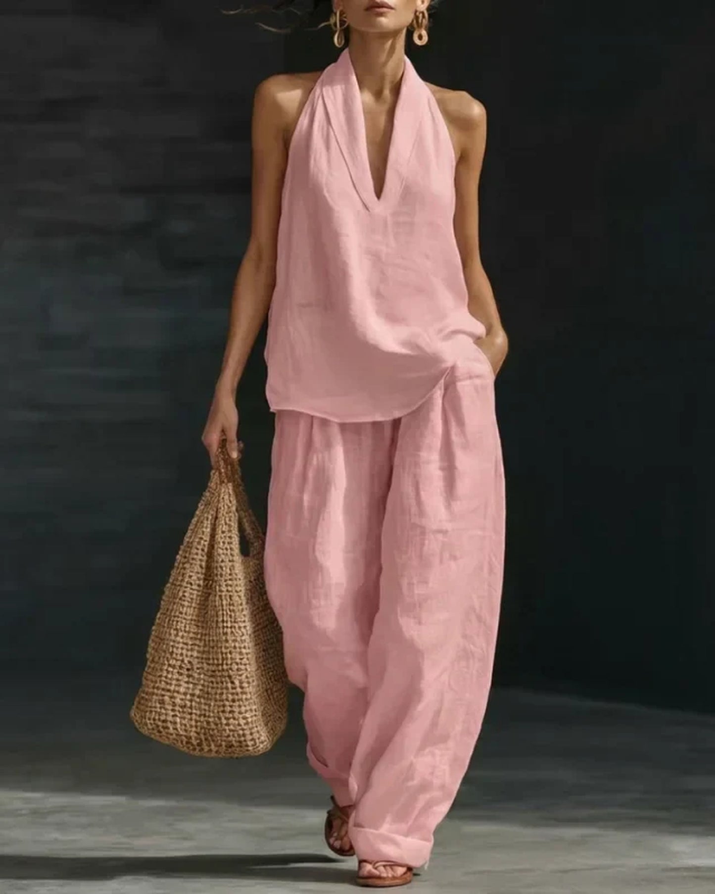 Pénélope-Lidie Dame Co-Ord Sæt | Halterneck Top | Vide Palazzo Bukser