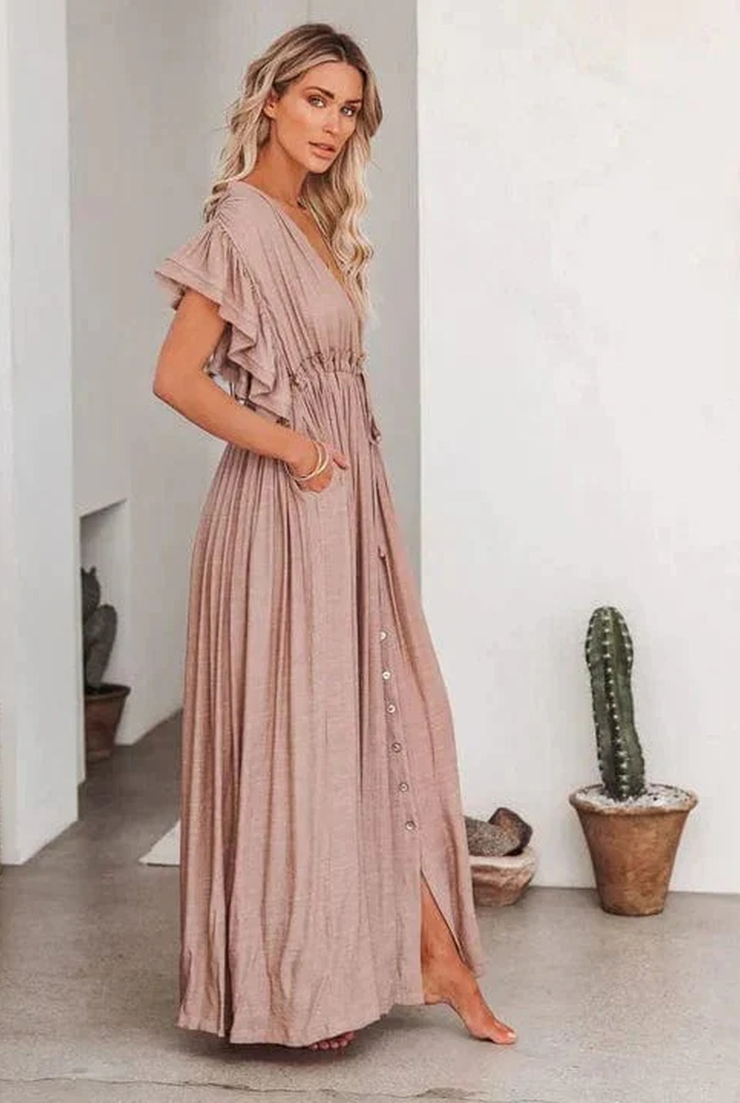 Lievine Dames Maxi Jurk | Diepe V-Hals | Gerimpelde Taille