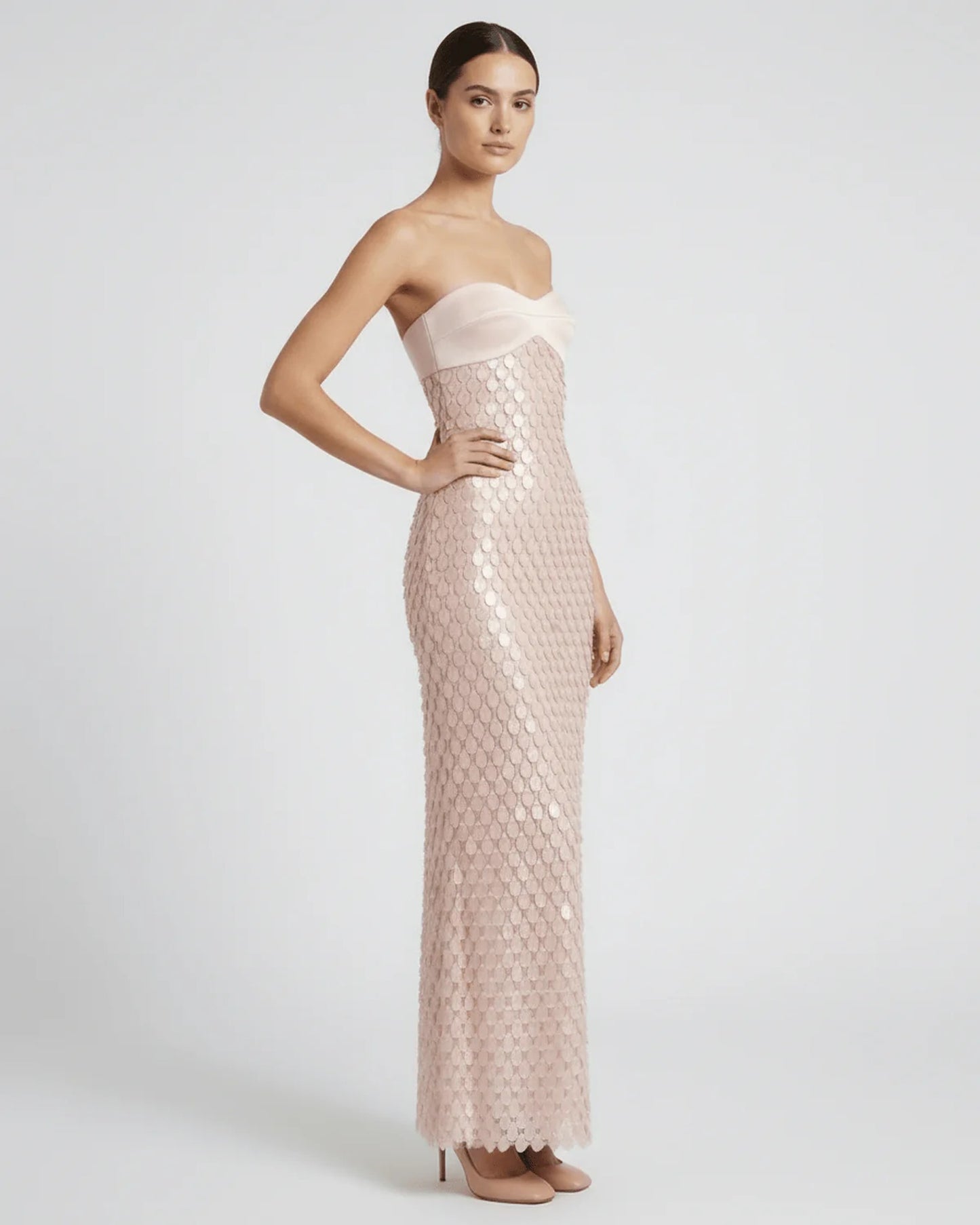 Women's Maxi Dress | Strapless Sweetheart Neckline | Sequin Scale Pattern