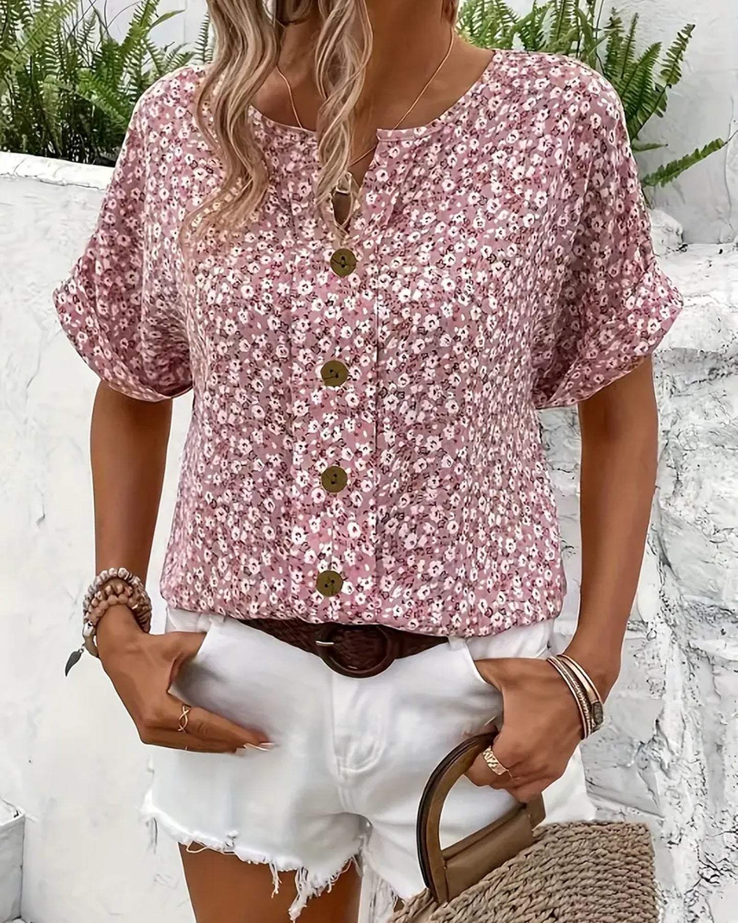 Messaline Dames Blouse | Bloemenprint | Knoopsluiting