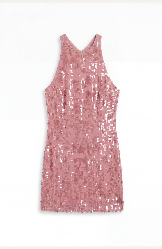 Dames Mini Jurk | Halternek | Pailletten Blush