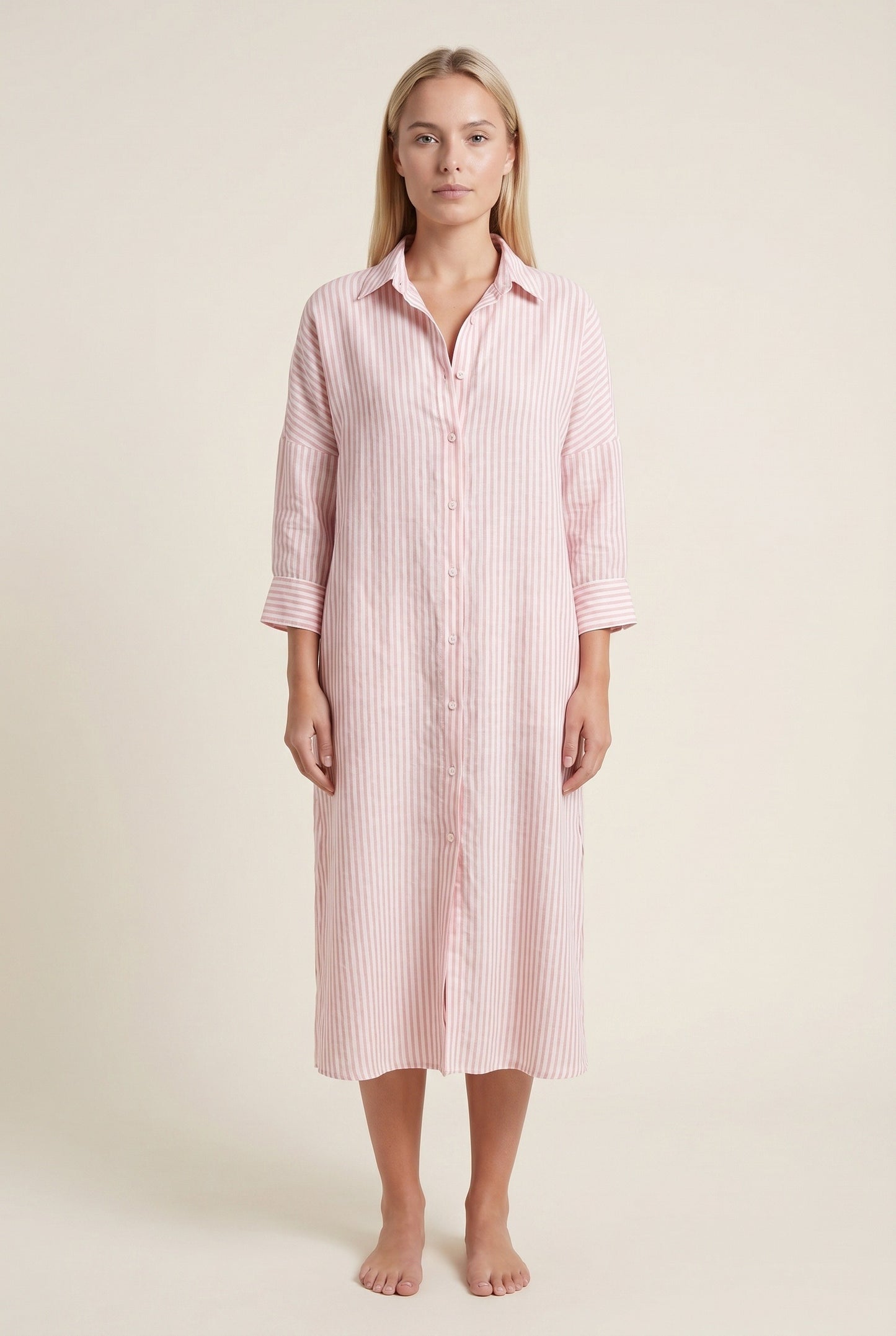 Fanny Dames Midi Jurk | Verticale Streepprint | Button-Down Sluiting