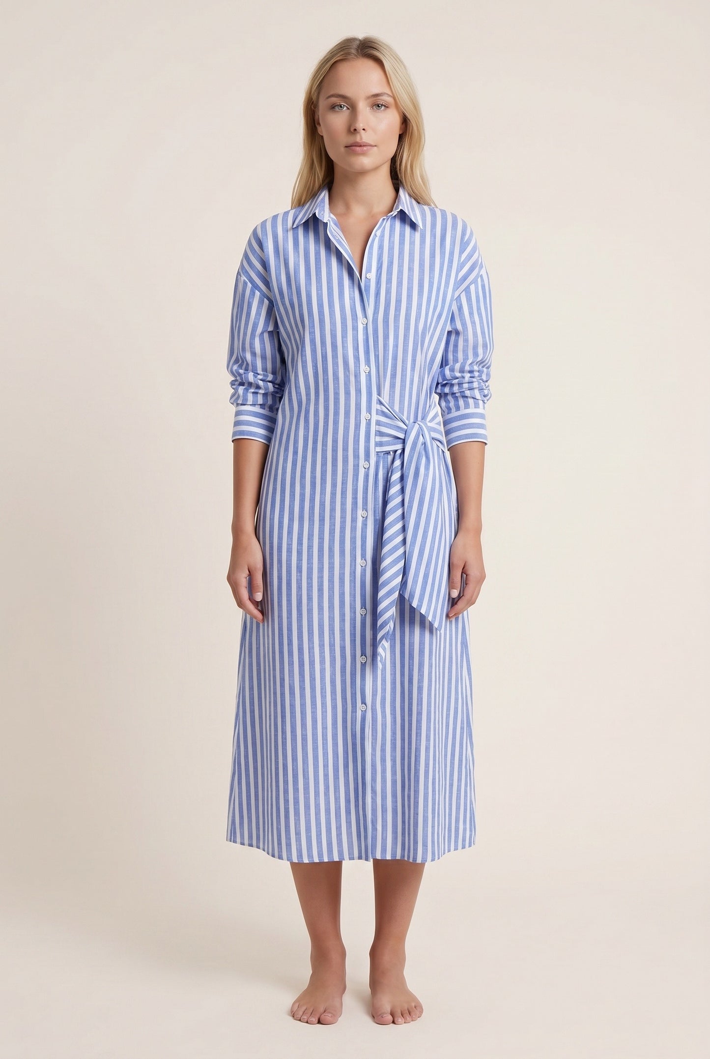 Fanny Dames Midi Jurk | Verticale Streepprint | Button-Down Sluiting