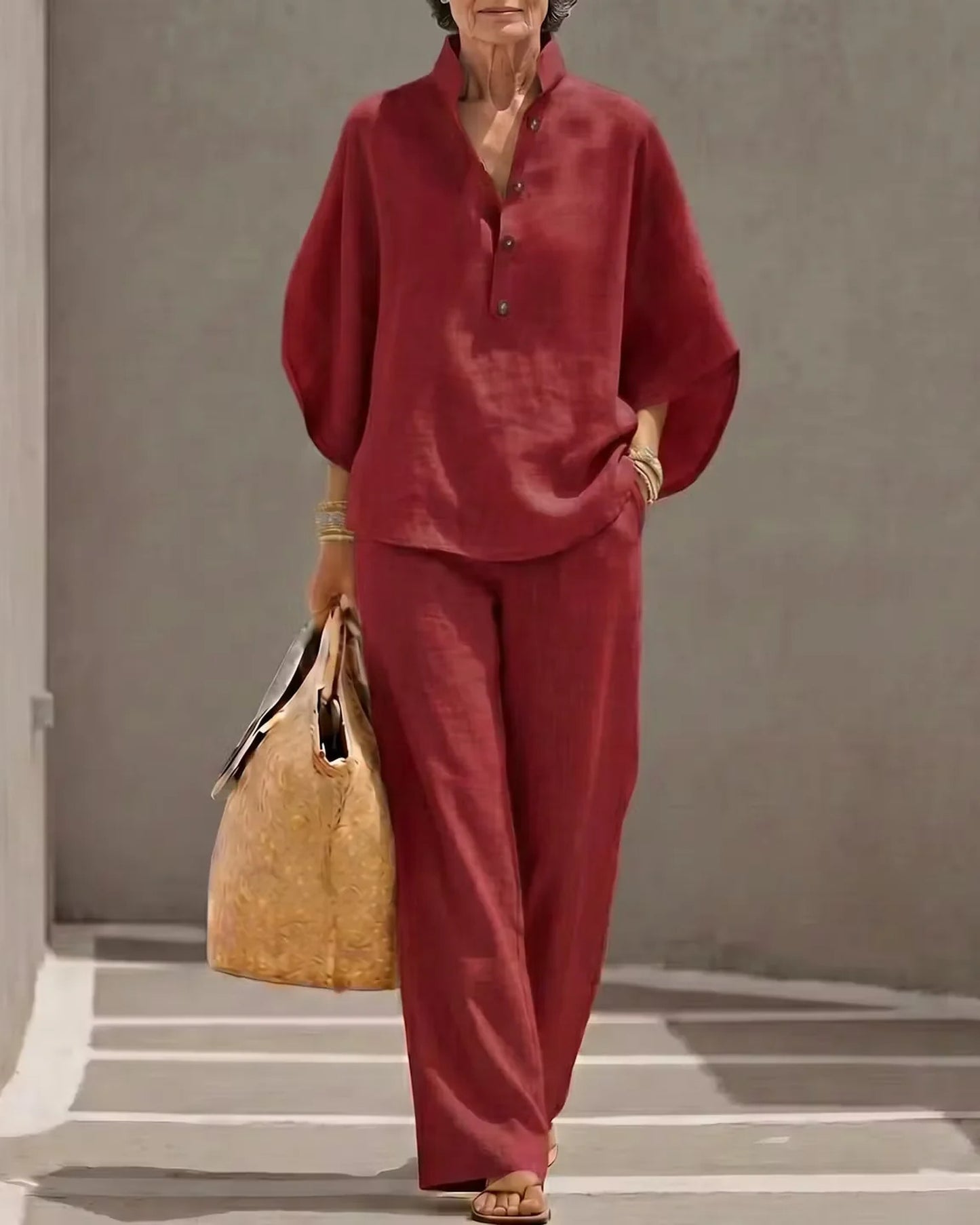 Orane-Fernandine Dames Co-Ord Set | Knoop Placket | Wijde Pijpen