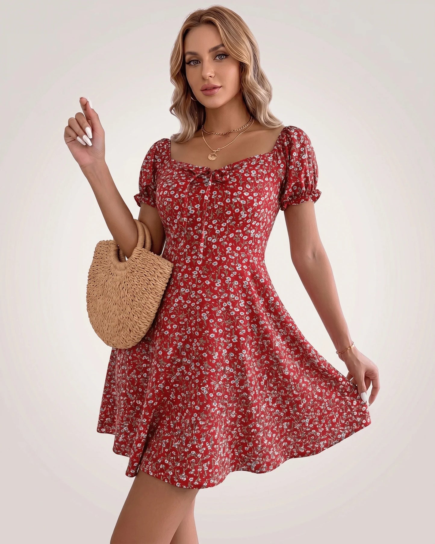 Lou Women's Mini Dress | Front Bow Detail | Puff Sleeves
