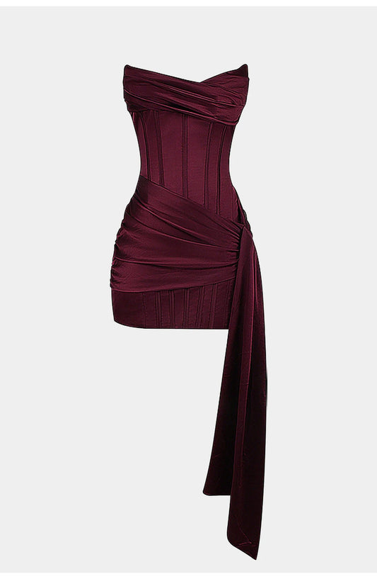 Yseult Dames Mini Jurk | Burgundy Satijn | Asymmetrisch Mouwloos Y2K