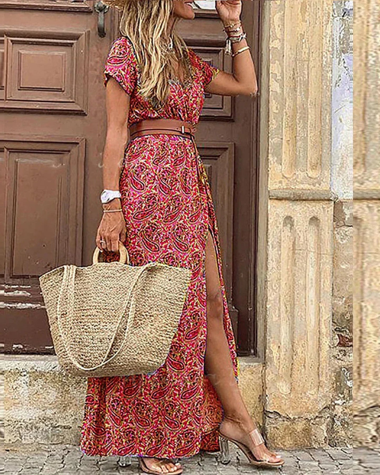 Claironde Dames Maxi Jurk met Bloemenprint | V-Hals | Elegante Split
