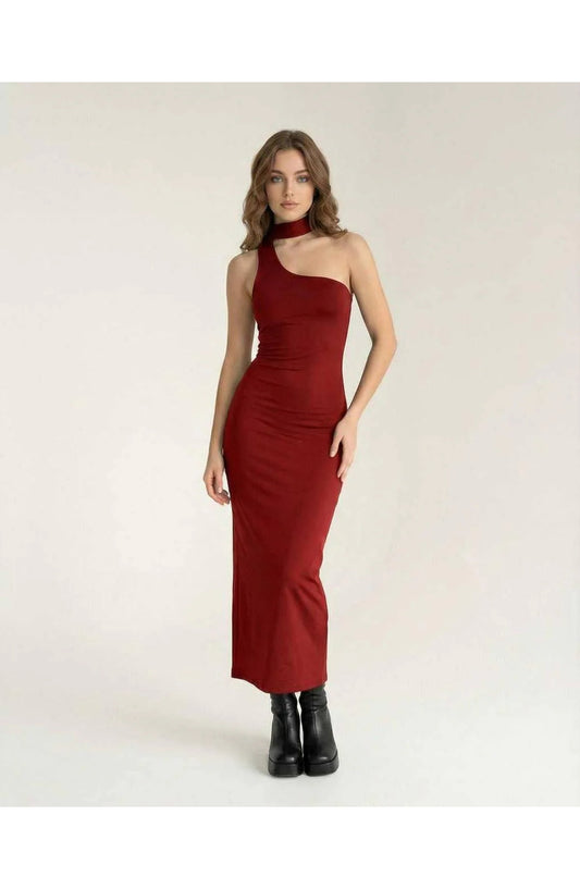 Women's Midi Dress | Asymmetric Neckline & One-Shoulder | Bordeaux Red