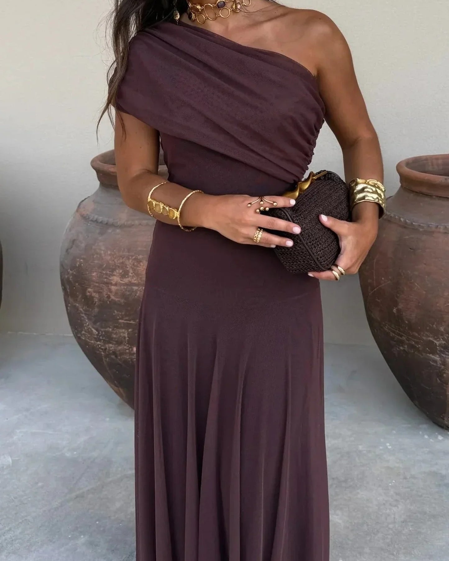 Lorène Women's Maxi Dress | One Shoulder | Pleated Top