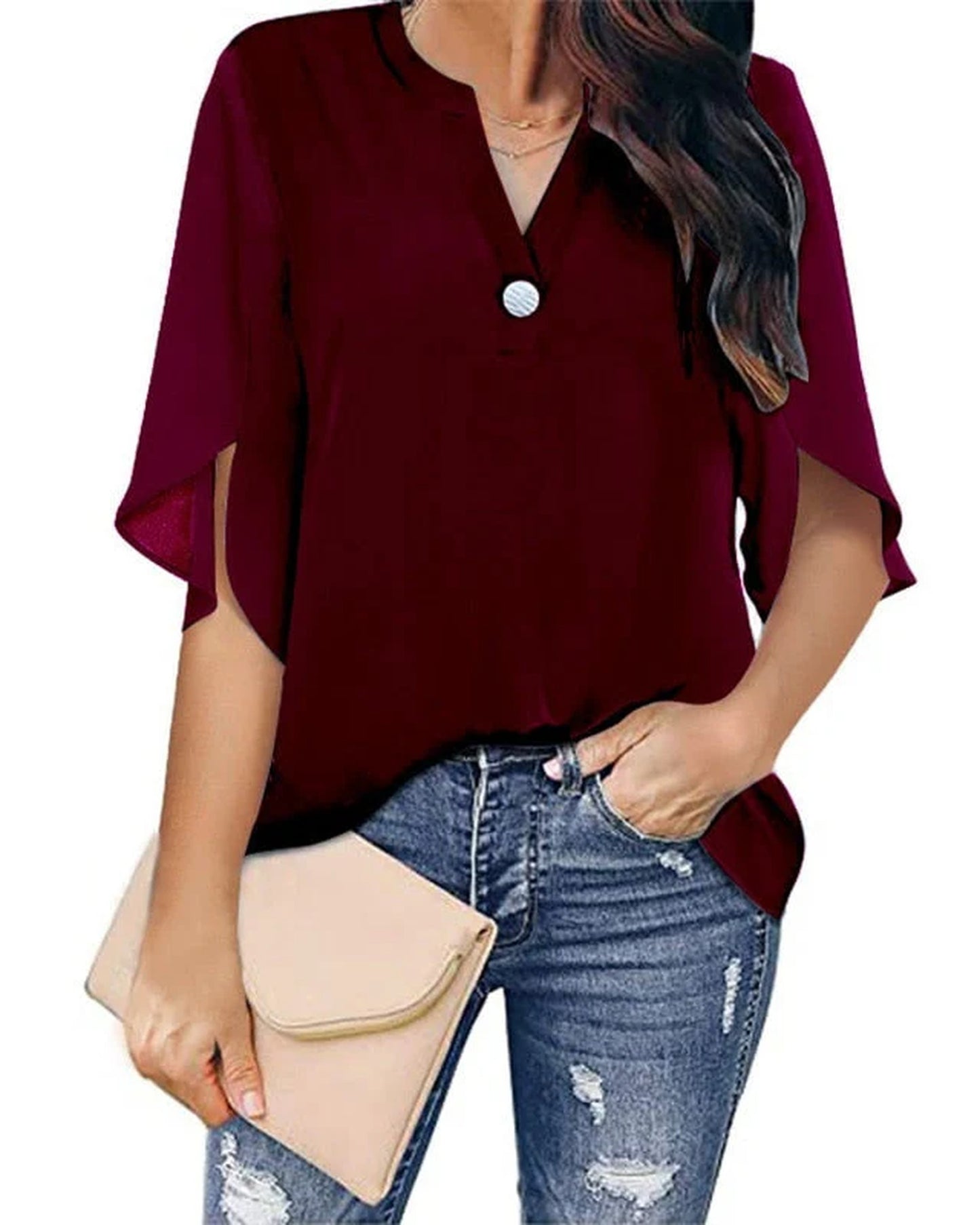 Saturnine Dames Top | V-Hals | Driekwart Mouwen