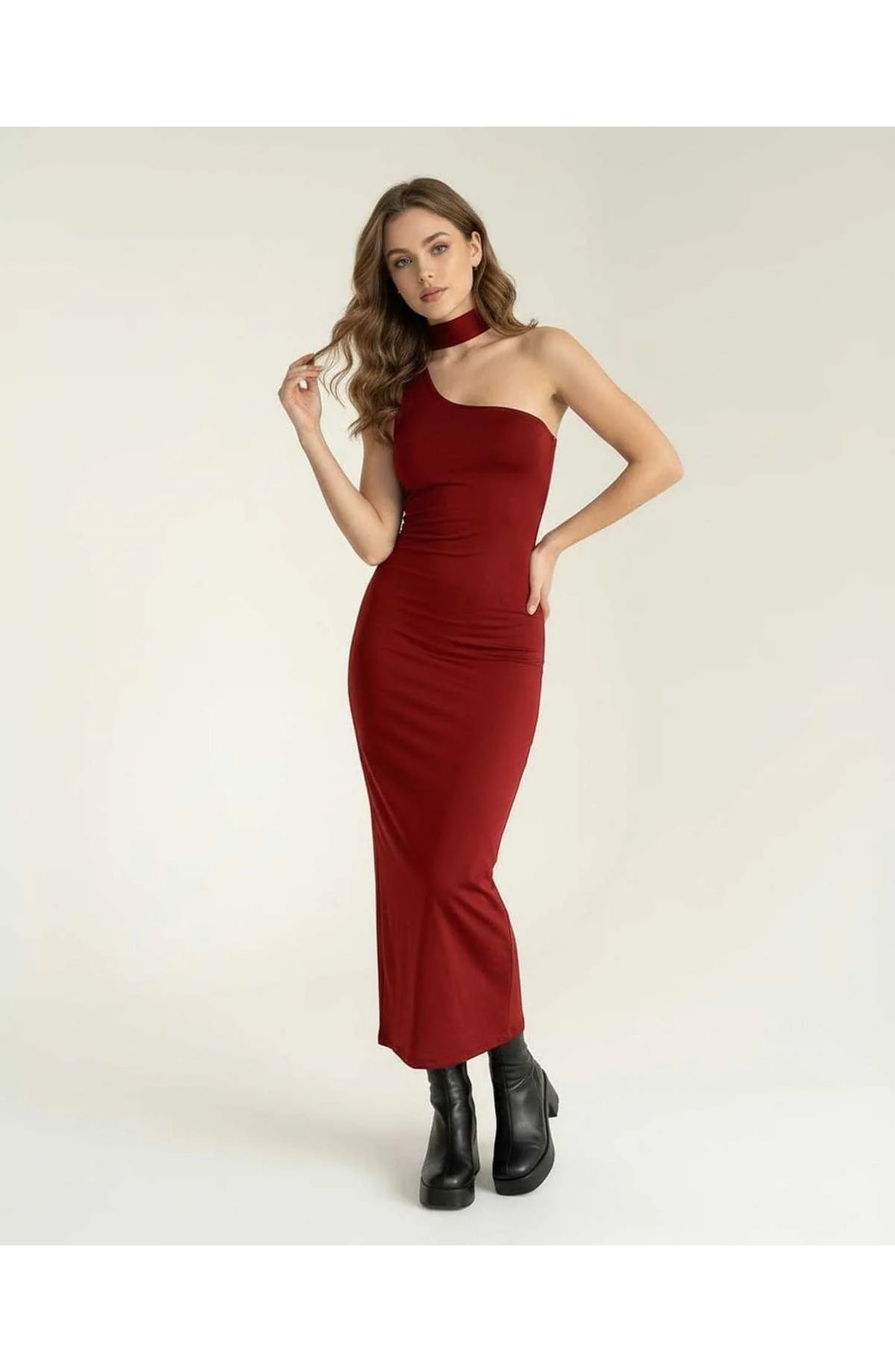 Women's Midi Dress | Asymmetric Neckline & One-Shoulder | Bordeaux Red