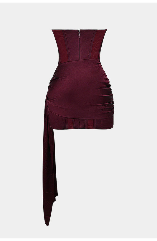 Yseult Dames Mini Jurk | Burgundy Satijn | Asymmetrisch Mouwloos Y2K