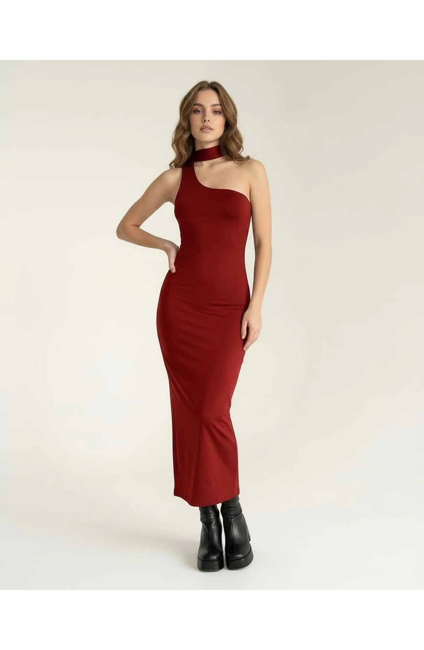 Women's Midi Dress | Asymmetric Neckline & One-Shoulder | Bordeaux Red