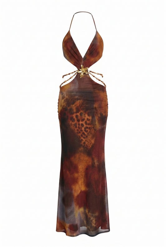Women's Maxi Dress | Deep V-Neck | Gold Decorative Detail