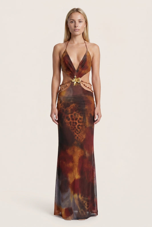 Women's Maxi Dress | Deep V-Neck | Gold Decorative Detail