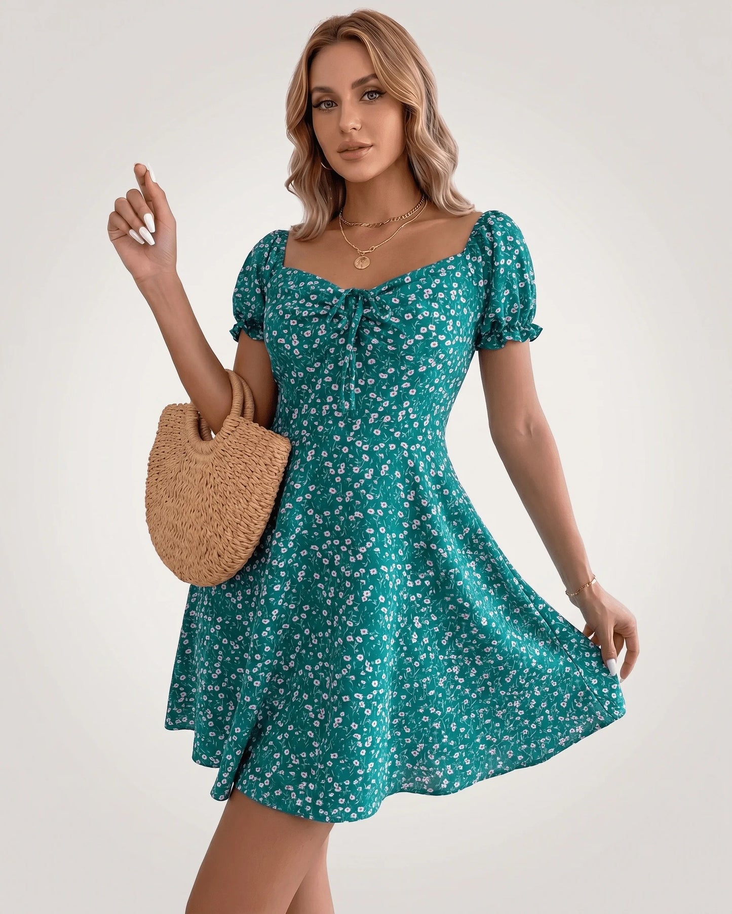 Lou Women's Mini Dress | Front Bow Detail | Puff Sleeves
