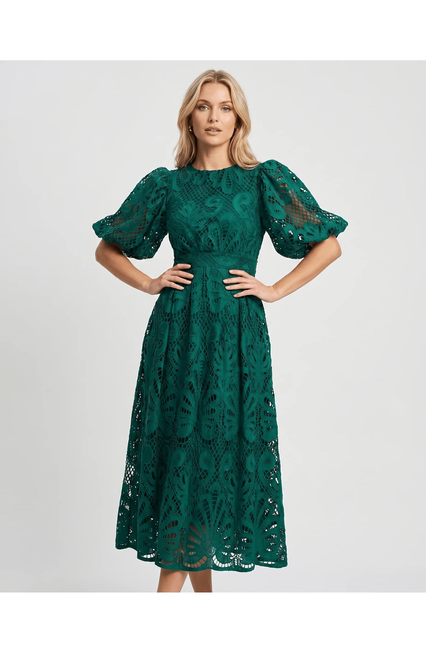 Clarisse Dames Midi Jurk | Pofmouwen | Kantdetail