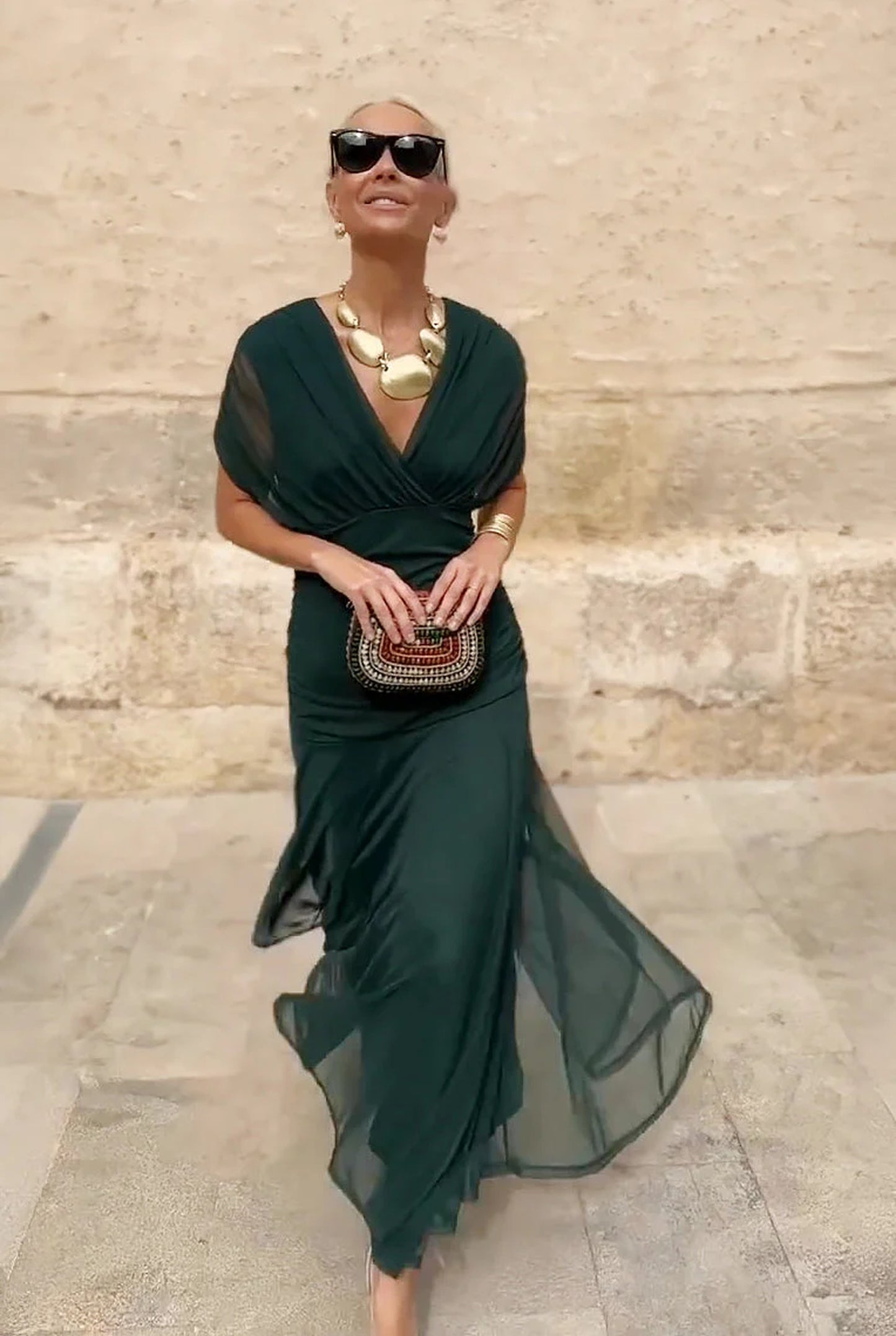 Béatrice Women's Maxi Dress | V-Neck Wrap | Transparent Chiffon Sleeves