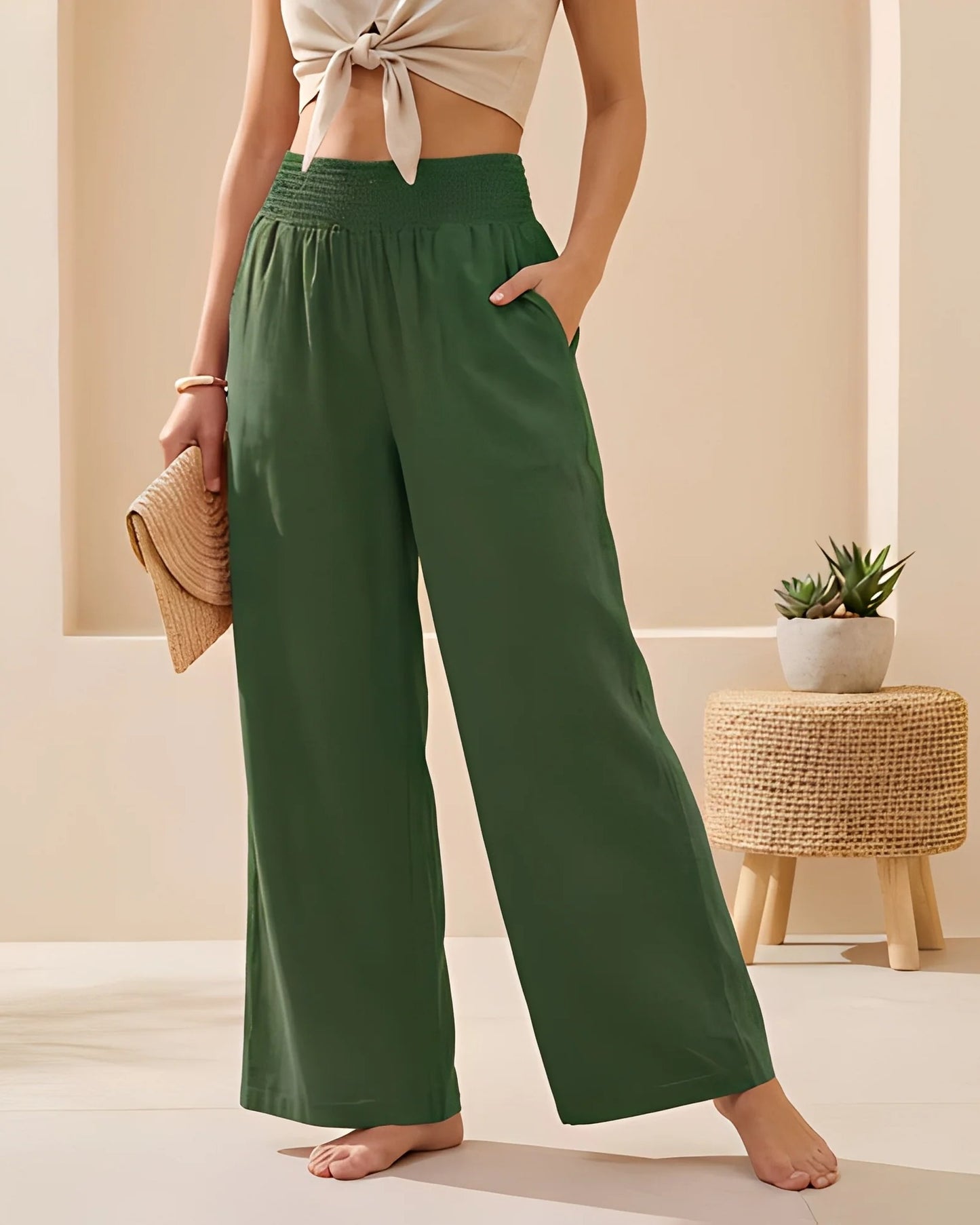 Opaline Dames Broek | Gesmockt Taille | Wijde Pijpen