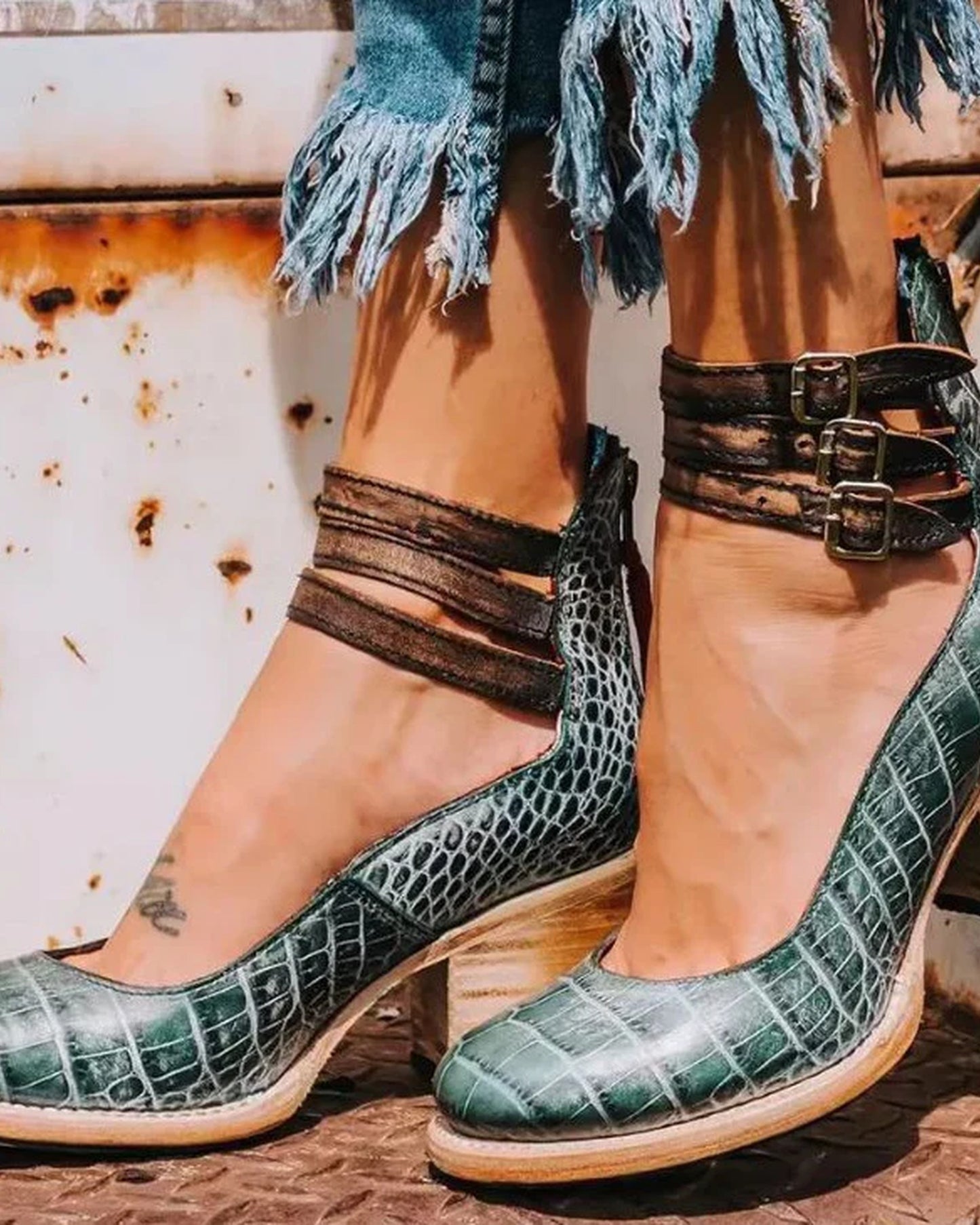 Bonne Dames Sandalen | Gesp Bandjes Enkel | Blokhak Hout Effect