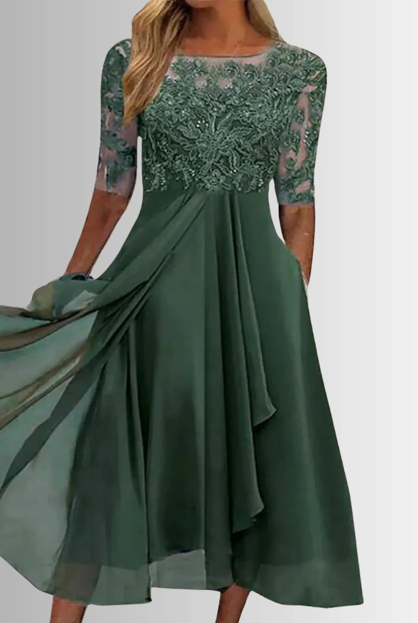 Ameline Dames Midi Jurk | Kanten Bovenstuk | Driekwart Mouwen