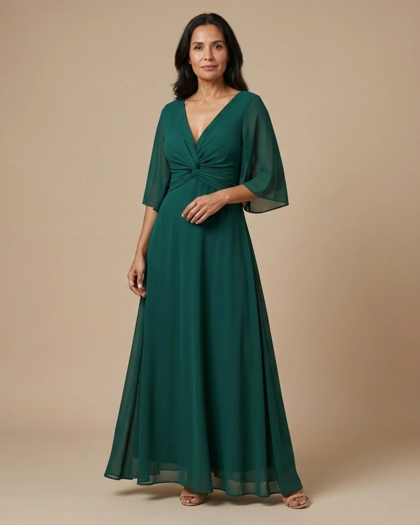Jourdaine Dames Maxi Kjole | Dyb V-hals | Kimonærmer