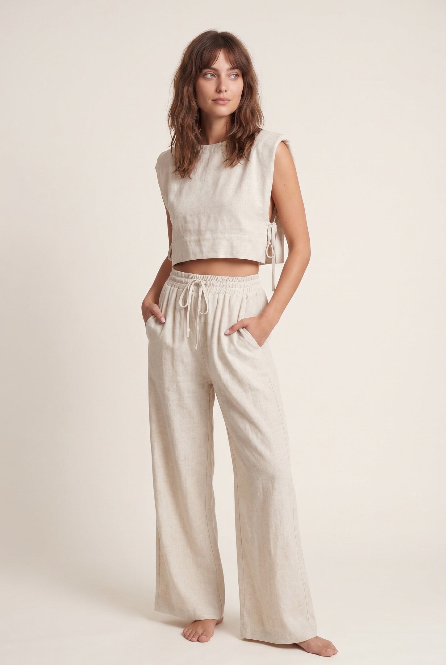 Amélie Women's Co-Ord Set | Cropped Top & Wide Pants | Linen Look
