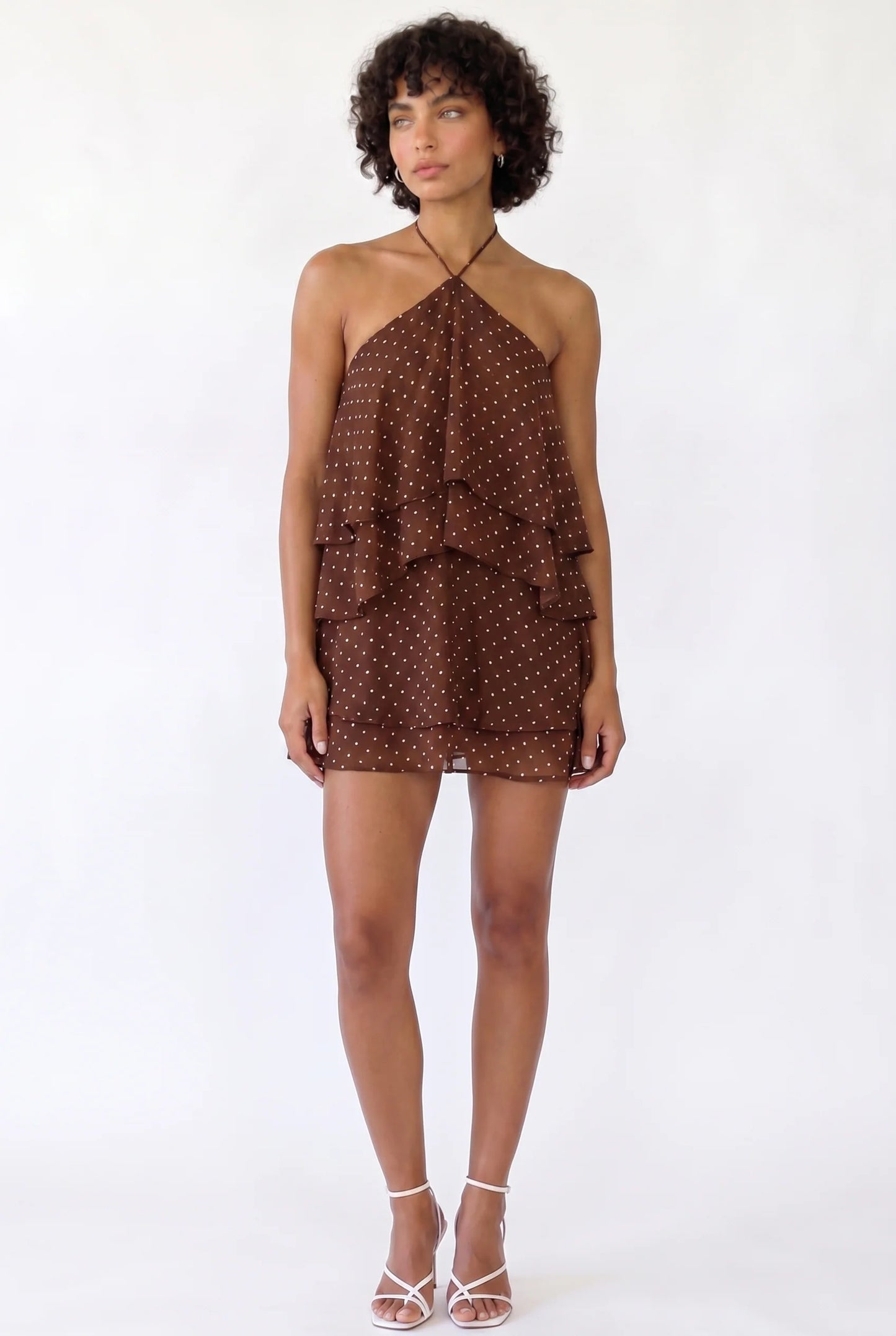 Isabelle Dames Mini Sukienka | Halter Dekolt | Warstwowe Falbany | Groszki