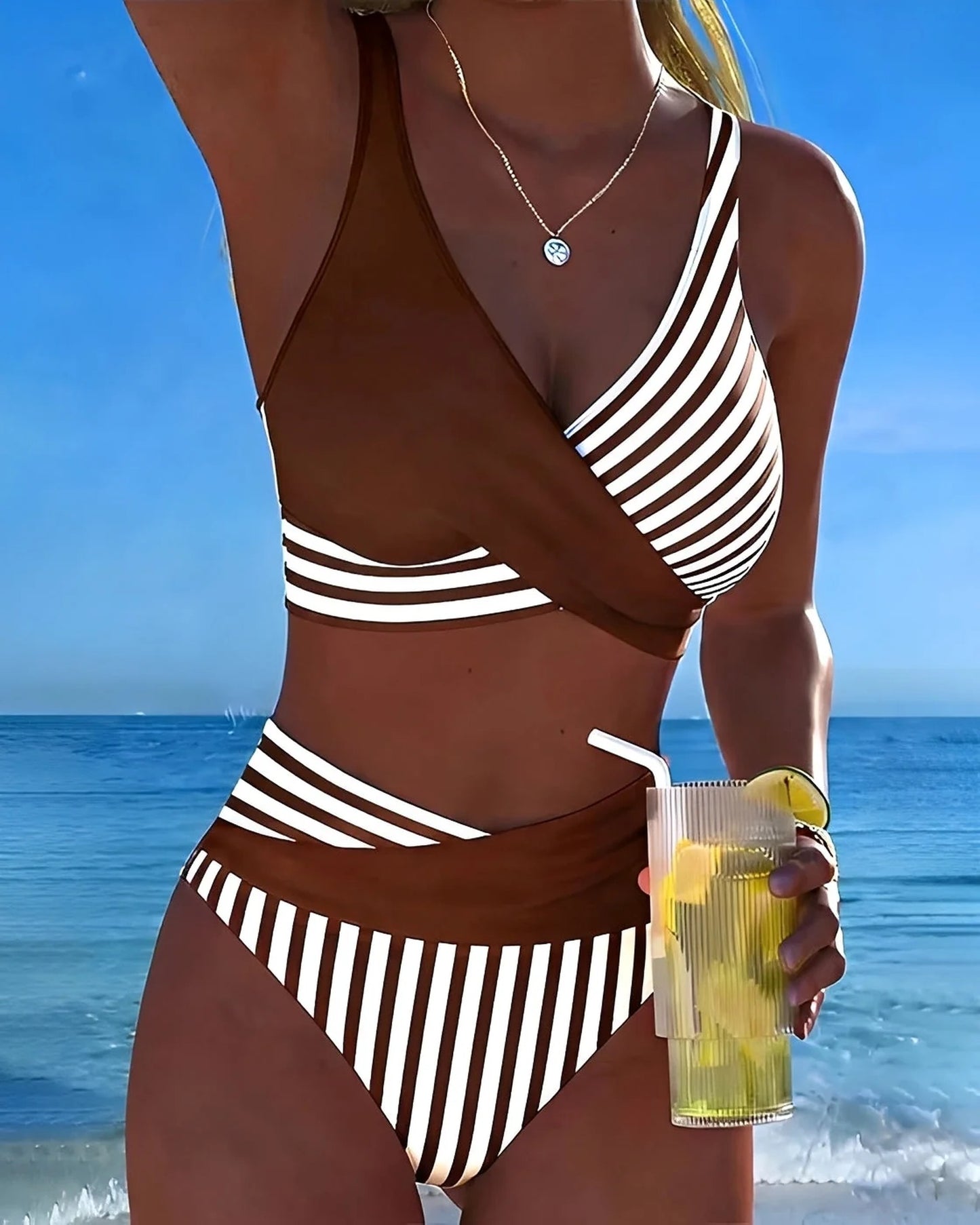 Carlotta Dames Badkleding | Gestreepte Banden | Wikkelvoorkant