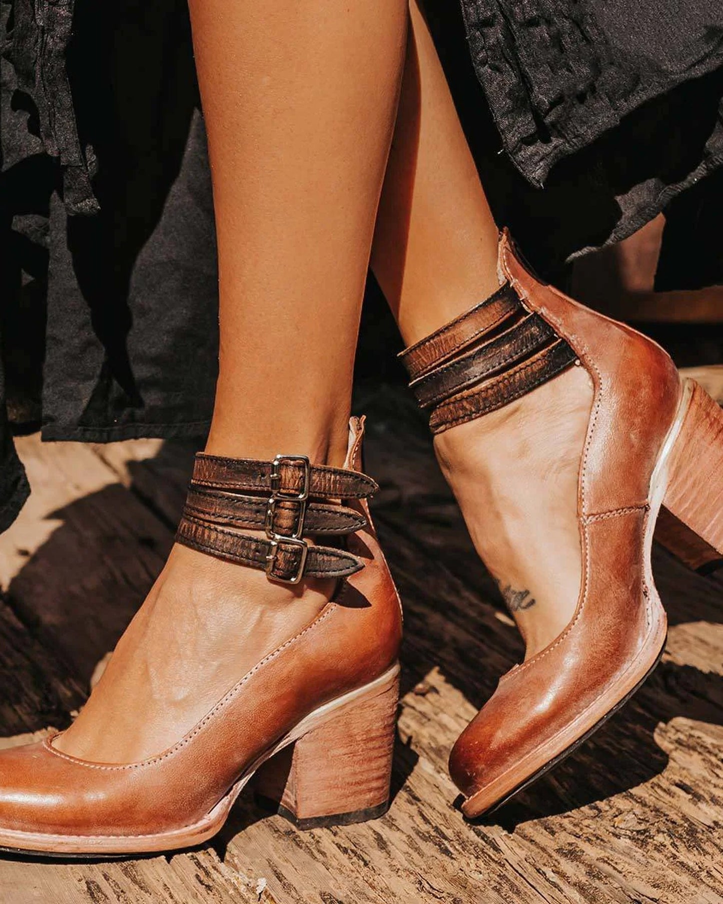 Bonne Dames Sandalen | Gesp Bandjes Enkel | Blokhak Hout Effect