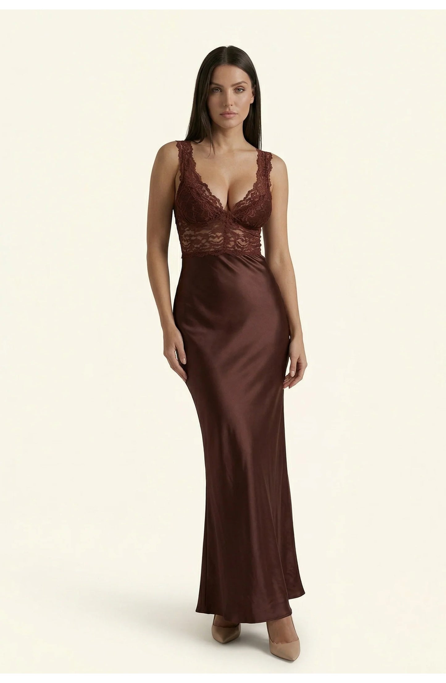 Dames Maxi Jurk | Kanten V-Hals | Satijnen Rok