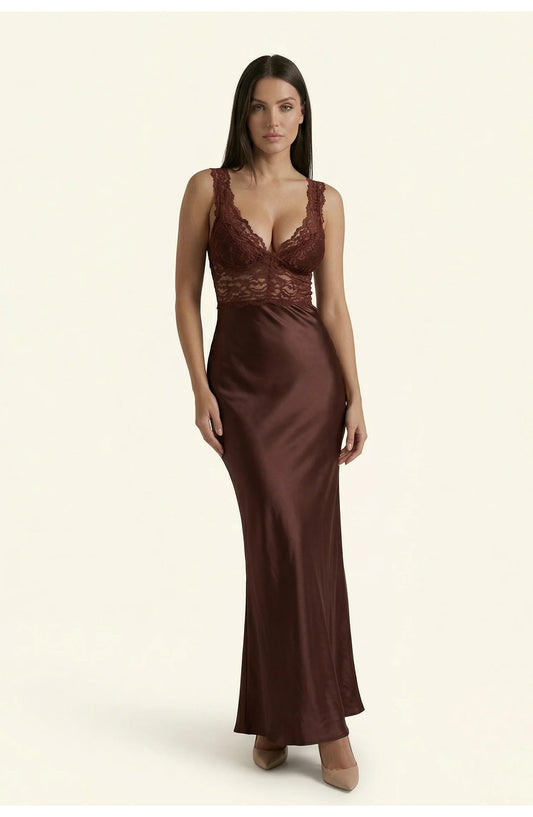Women's Maxi Dress | Lace V-Neck | Satin Skirt