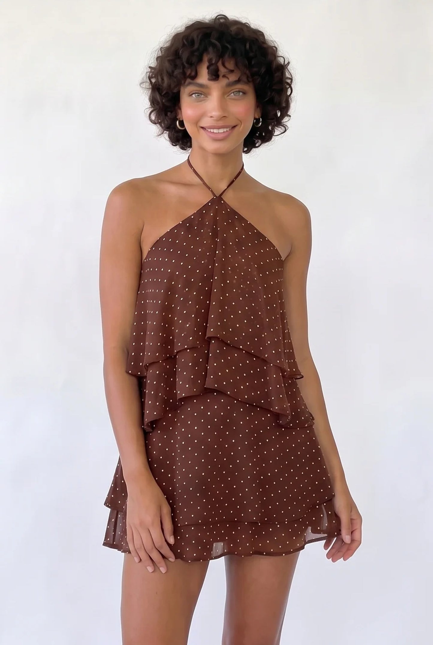 Isabelle Dames Mini Sukienka | Halter Dekolt | Warstwowe Falbany | Groszki