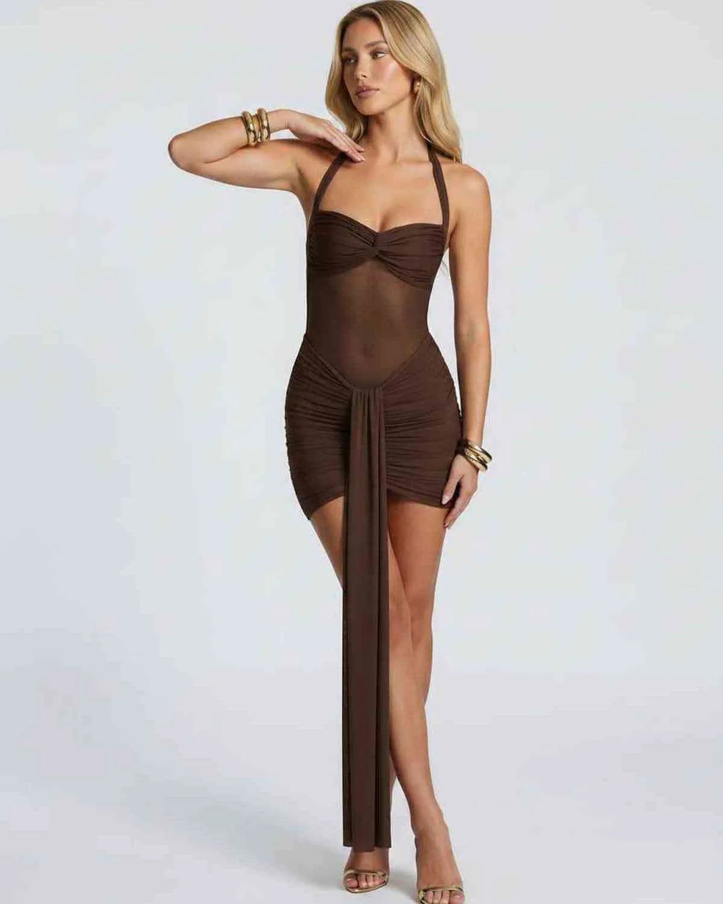 Lorette Dames Mini Jurk | Halternek | Gedrapeerde Mesh Sleep