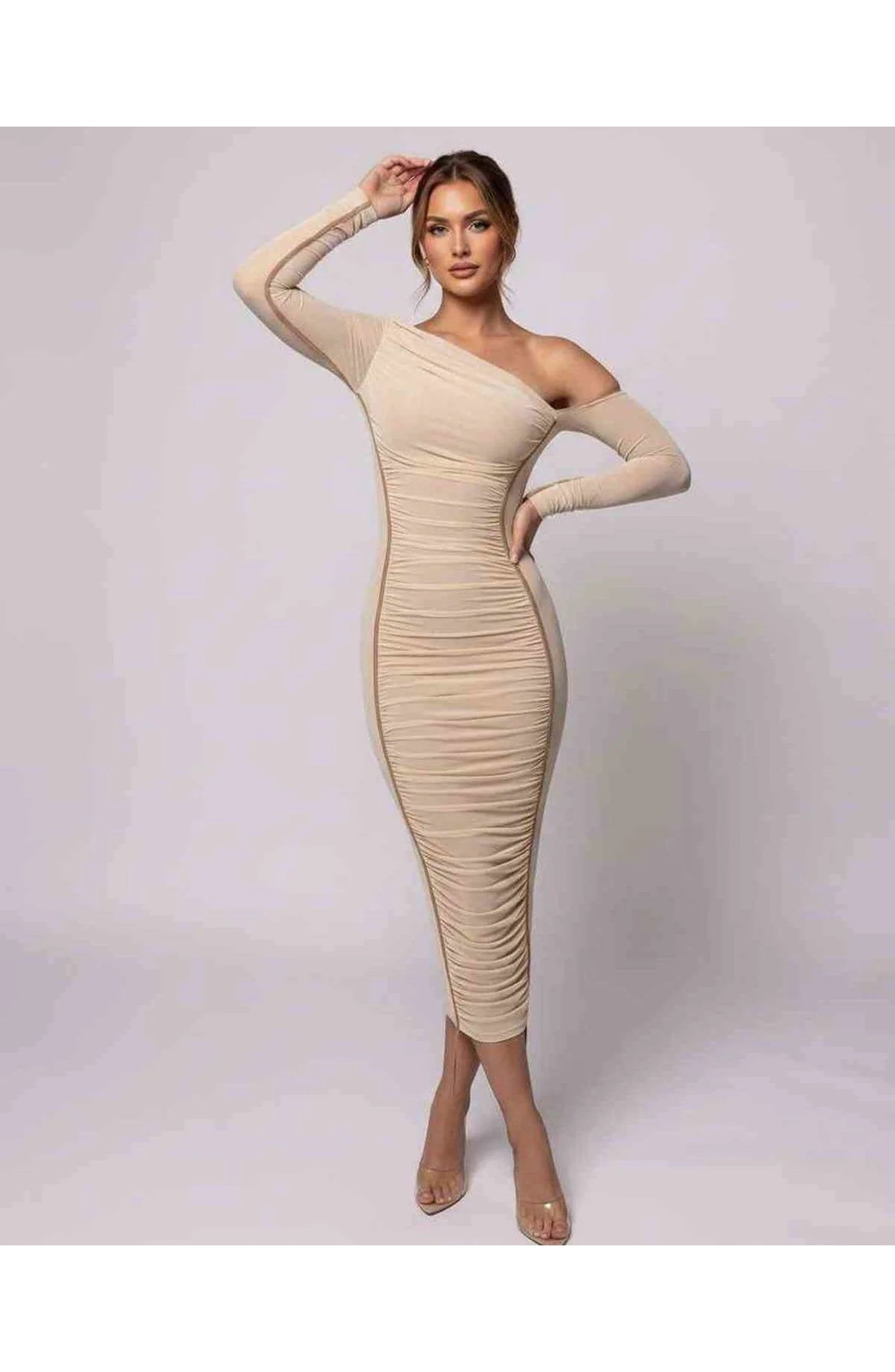 Léonie Women's Midi Dress | Asymmetric Shoulder | Textured Fabric