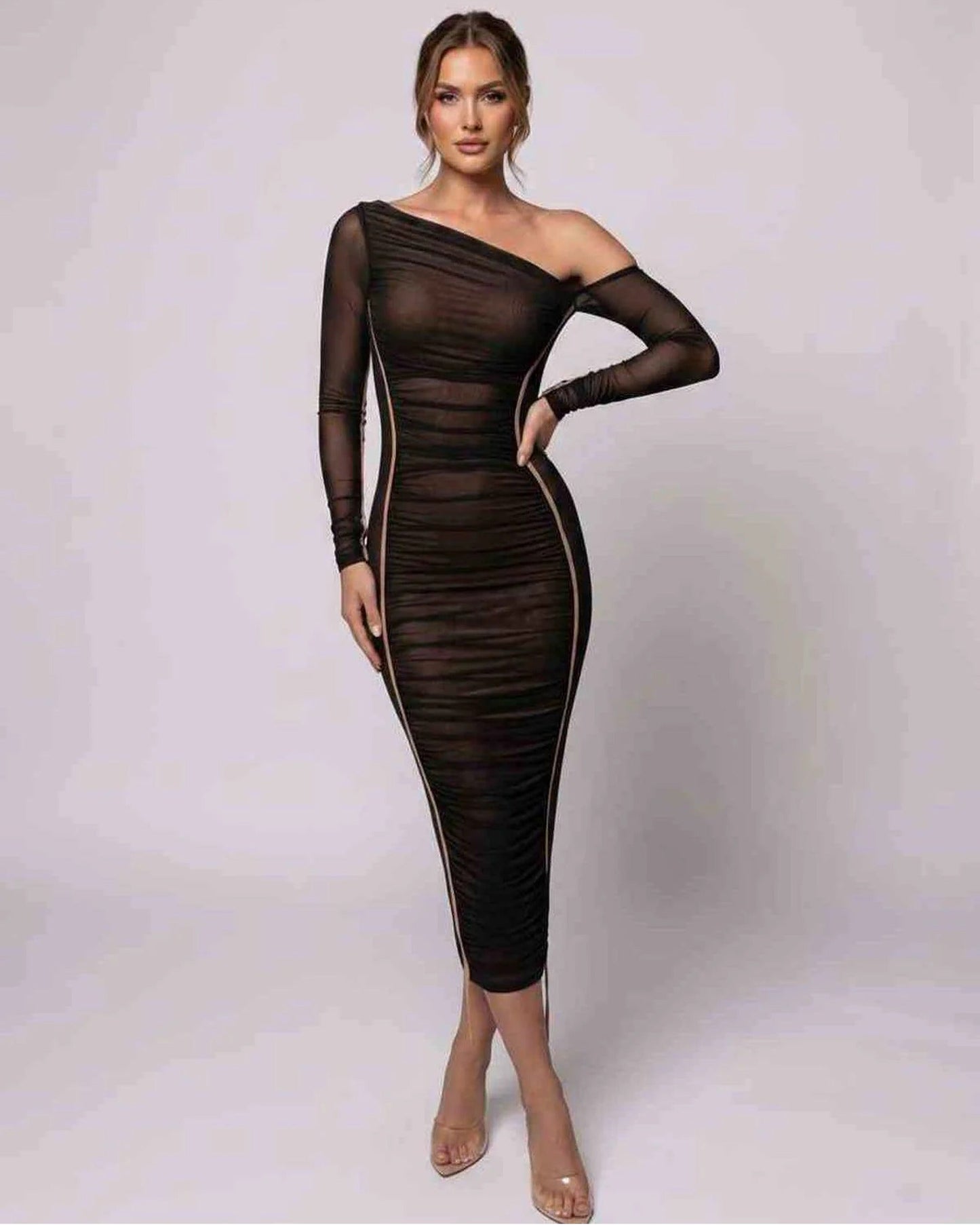 Léonie Women's Midi Dress | Asymmetric Shoulder | Textured Fabric