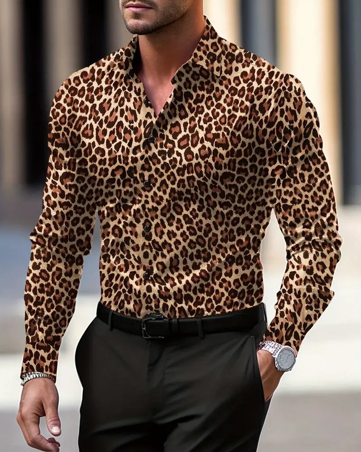 Giordano Herreskjorte | Leopardprint | Lange Ærmer